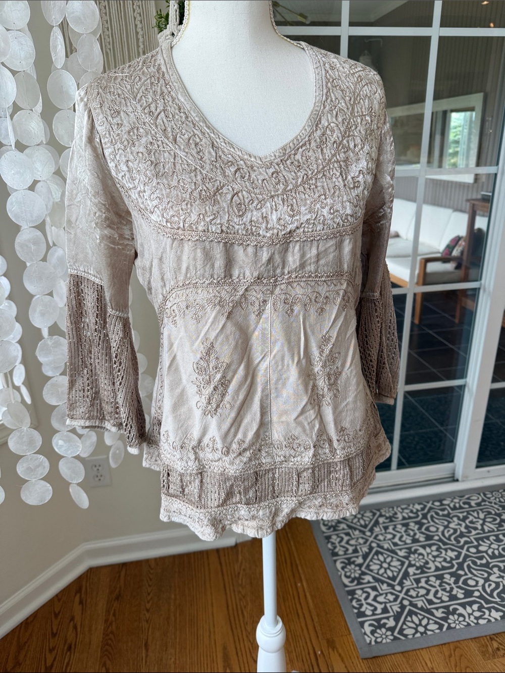 Boho Embroidered V-Neck Tunic Top - Taupe